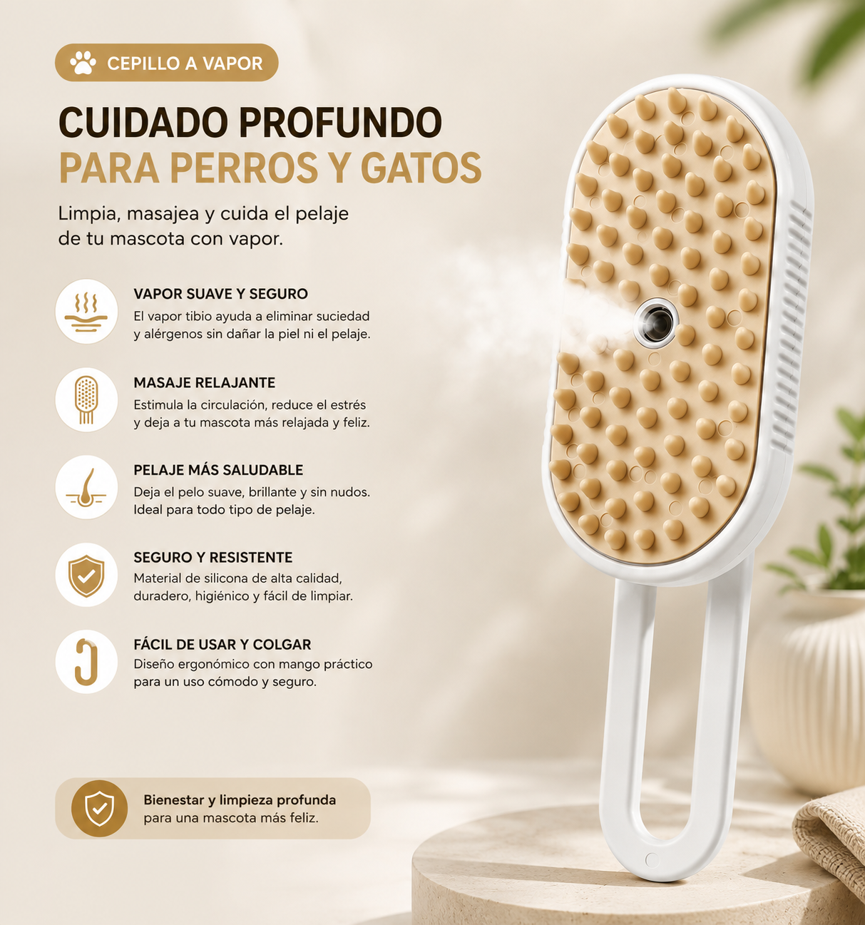 Cepillo a vapor en uso sobre mascota